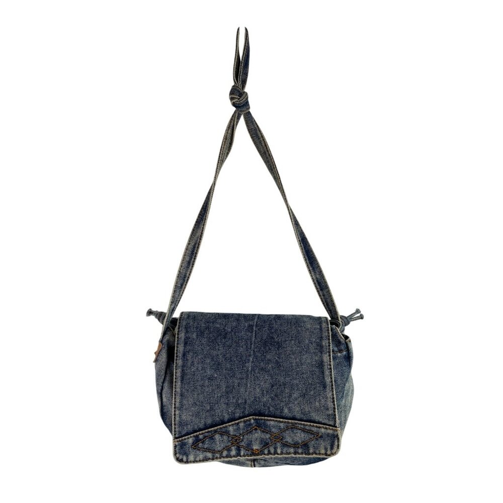 Vintage Denim Shoulder Bag Purse Adjustable Knotted Strap & Leather Accents